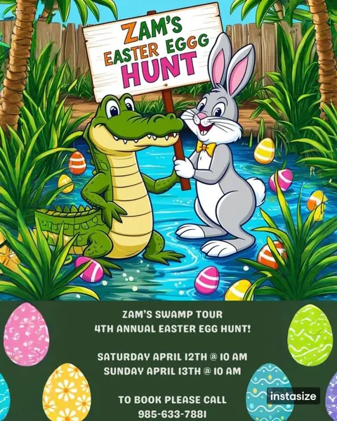 Zam's Easter Egg Hunt flyer with a cartoon gator and bunny